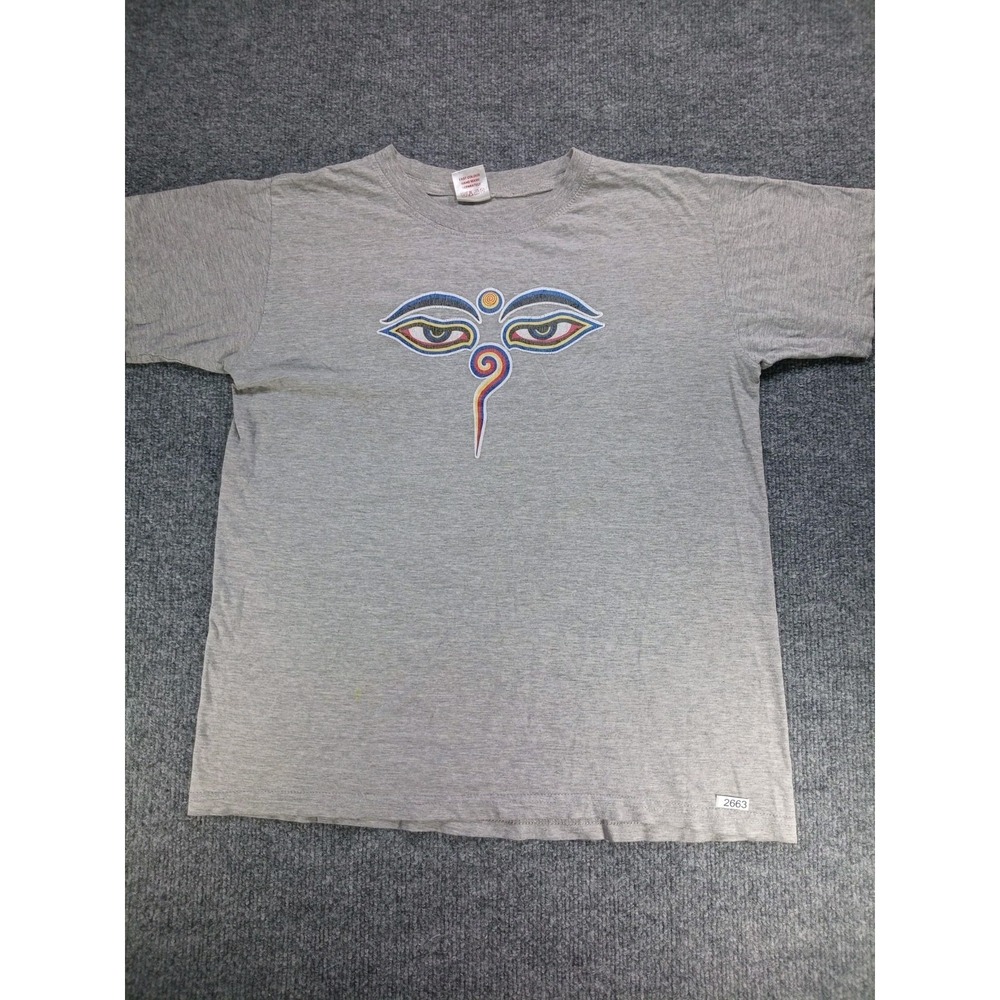 Vintage Kapas Nepal T Shirt Size 40 Gray Folk Art Graphic 100% Cotton (Stain)